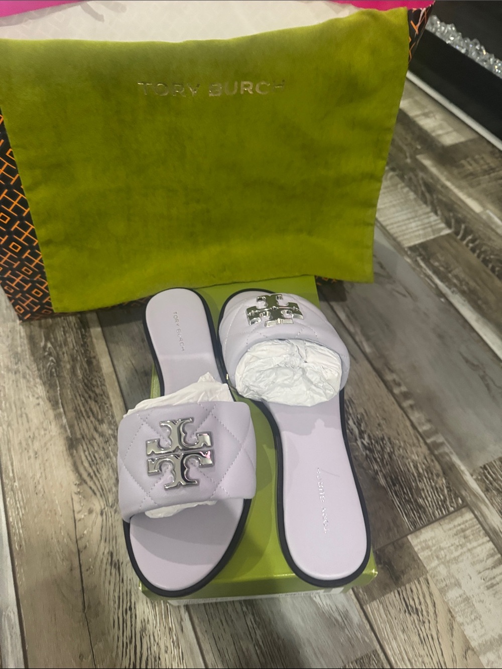 Tory Burch Quilted Lilac Slide Mules with Silver Logo - Picture 5 of 5